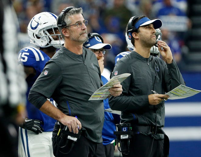 Indianapolis Colts head coach Frank Reich watches from the sideline in the second half of the game at Lucas Oil Stadium on Sunday, Nov. 18, 2018. The Colts defeated the Titans 38-10.