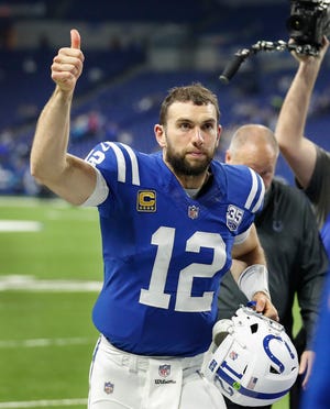 Indianapolis Colts quarterback Andrew Luck (12) gives a thumbs up to the fans following their game against the Tennessee Titans at Lucas Oil Stadium on Sunday, Nov. 18, 2018. The Colts defeated the Titans 38-10.