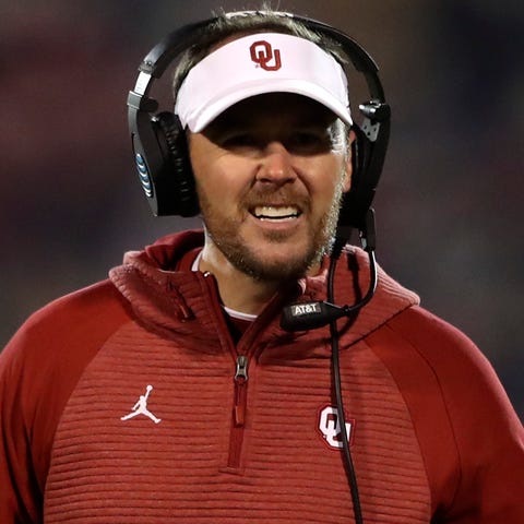 Oklahoma head coach Lincoln Riley reacts during th