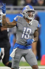 Detroit Lions receiver Kenny Golladay walks off the field after the 20-19 win over the Carolina Panthers on Sunday, Nov. 18, 2018 at Ford Field.