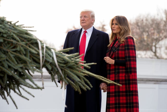 President Trump  and first lady Melania Trump inspect the official White House Christmas Tree at the North Portico Nov. 19, 2018.