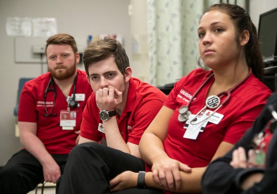UofL Nursing student Cody Swift listens with other students during a review of their training session. Around 1.1 million job openings for nurses are projected to exist by 2024, according to the American Association of Colleges of Nursing, but enrollment at nursing schools isn't growing fast enough to meet the anticipated demand.