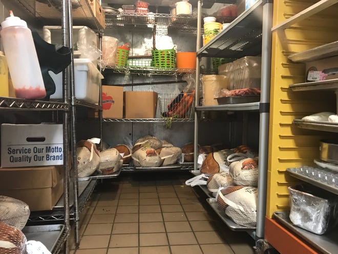 Turkeys line the wall of the Rancho Cielo kitchen in preparation for their roasting.