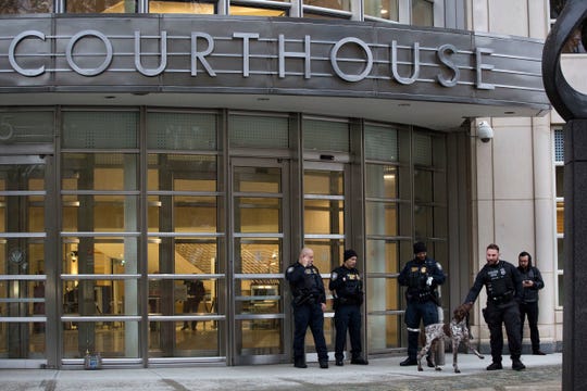 The Department of Homeland Security has  personnel in place in front of the Brooklyn  Federal Courthouse for the start of jury selection  in the trial of Joaquin "El Chapo"  Guzman, Monday, Nov. 5, 2018, in New York. Guzman  was extradited to the United States last year on  charges he spent decades commanding the Sinaloa  cartel's drug wars, consolidating the market  abroad while expanding his empire in Mexico.