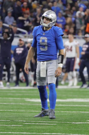 Matthew Stafford reacts after throwing an interception against the Bears during the second half of the Lions' 23-16 loss Thursday, Nov. 22, 2018, at Ford Field.