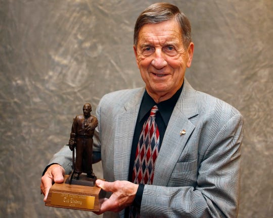 Ted Lindsay poses with his  Lester Patrick Award October 22, 2008 at the St. Paul Hotel in St. Paul, Minnesota.