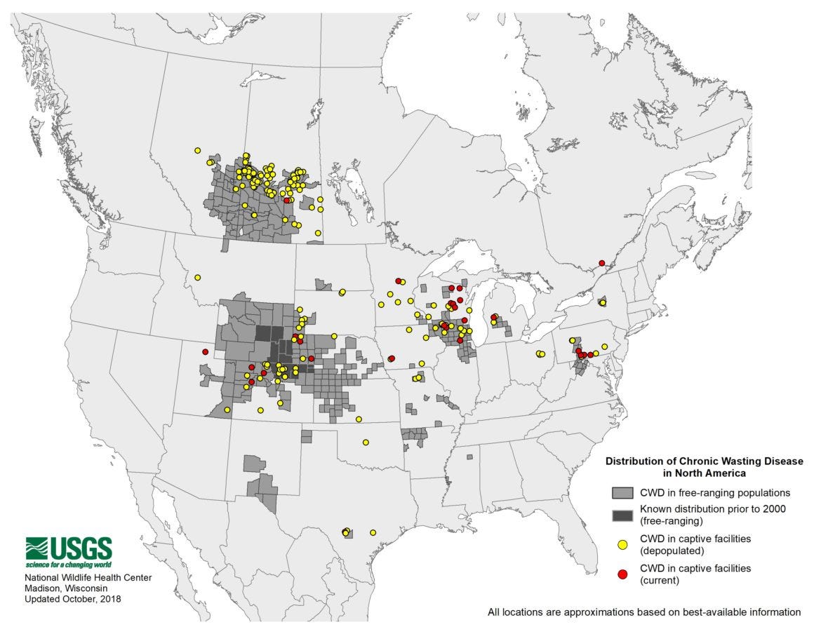 A map from October 2018 shows the distribution of chronic wasting disease across North America.