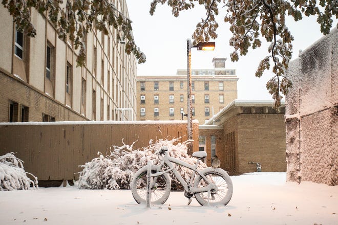 A hawk lands on a snow covered bicycle during a storm on Sunday, Nov. 25, 2018, outside Van Allen Hall on the University of Iowa campus in Iowa City.