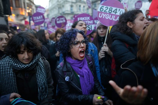 Protesters, mostly women, display placards and chant slogans during a rally in central Istanbul, Sunday, Nov. 25, 2018, to mark the United Nations' International Day for the Elimination of Violence Against Women.