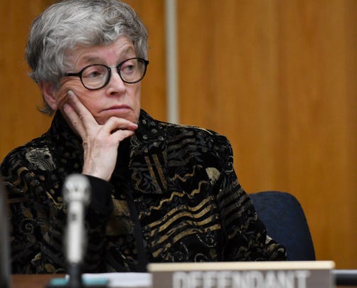 Former MSU President Lou Anna Simon appears before  Judge Julie Reincke in Eaton County on Monday, Nov. 26, 2018, for her arraignment on four charges of lying to police related to the Larry Nassar investigation.  [AP Photo/Matthew Dae Smith/Lansing State Journal]
