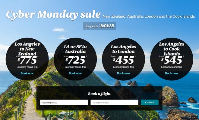 A screenshot of Air New Zealand's website on Nov. 26, 2018, show the carrier's promotion for Cyber Monday deals.