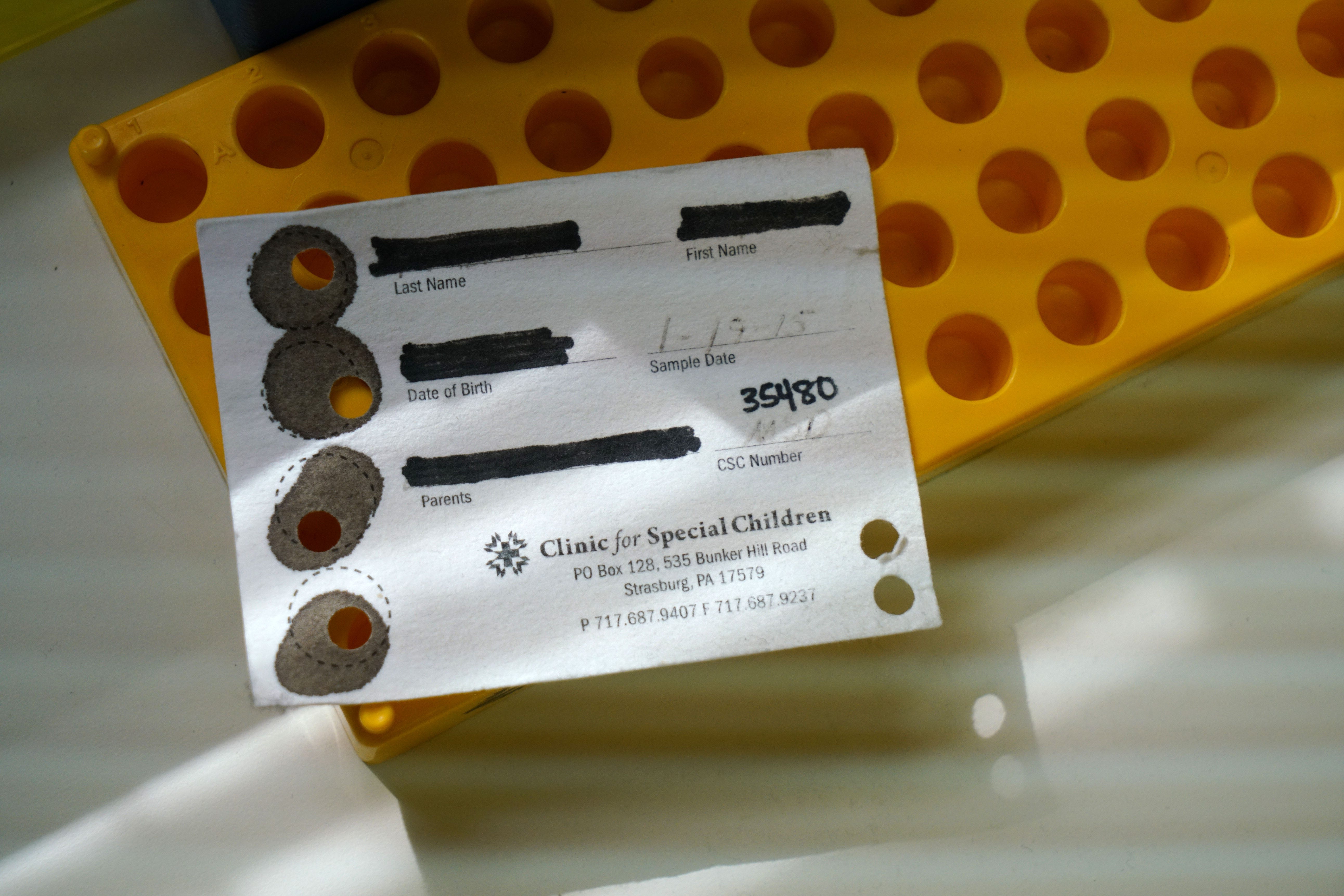 An example of a blood test that the Clinic for Special Children, in Strasburg, Pennsylvania, uses with Amish families. This test helps determine if a patient has a genetic disorder.