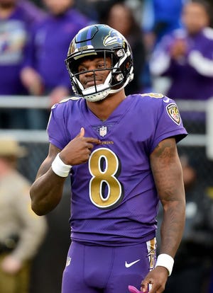 Baltimore Ravens quarterback Lamar Jackson (8) reacts in the fourth quarter against the Oakland Raiders at M&T Bank Stadium.