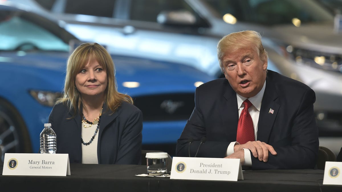 On March 15, 2017, President Donald Trump speaks at the American Center for Mobility in Ypsilanti with General Motors CEO Mary Barra and other auto industry executives. Trump has now threatened to cut subsidies to GM, after GM's bruising layoff announcement that hurts politically crucial states in Midwest.