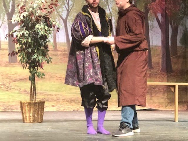 St. Mary's Springs Academy students Sam Skiff, at left, and Daniel Peters rehearse a scene for "Romeo and Juliet's Unofficial, Unnecessary Sequel," which will hit the stage Friday, Nov. 30, and run through Sunday, Dec. 2.