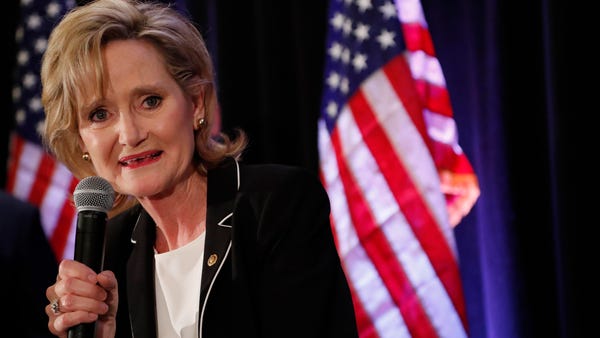 Republican U.S. Sen. Cindy Hyde-Smith speaks to...
