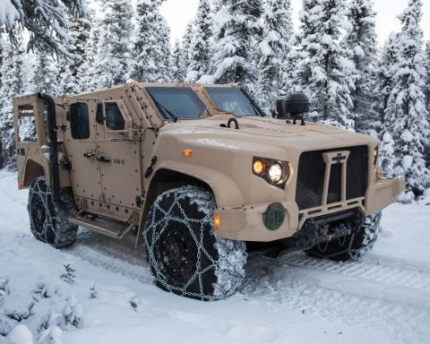 The new Joint Light Tactical Vehicle, from Oshkosh Corp., is armored and ready for offroad use.
