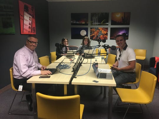 Garrett Archer (right) sits down with "The Gaggle" podcast hosts Ronald J. Hansen (left) and Yvonne Wingett Sanchez (not pictured) and producers Taylor Seely and Téa Francesca Price.