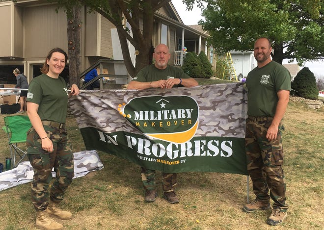 Karen Zakrzewicz, left, during the home renovation project for "Military Makeover" this fall near Kansas City. With her is Air Force veteran Bill Huffman, center, and JDog Junk Removal & Hauling Kansas City general manager Chris Hubler.