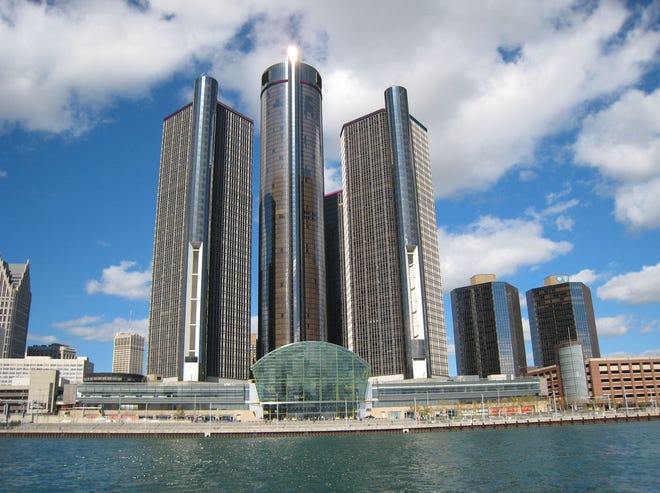 Renaissance Center, headquarters of General Motors, on the Detroit River in downtown Detroit.