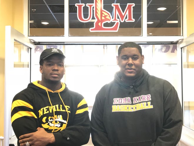ULM defensive end Donald Louis (left) and offensive lineman Devin Jackson (right) matched up in the Louisiana prep ranks before becoming Warhawks.