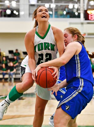 York College's Katie McGowan, seen here in a file photo, had 29 points and 15 rebounds on Wednesday in a win vs. Frostburg State.
