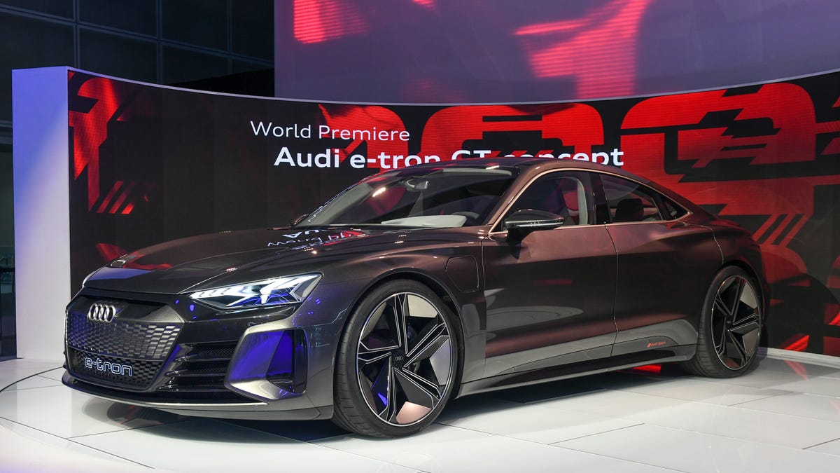 The Audi e-tron GT concept car is on display during press preview day at Los Angeles Auto Show.