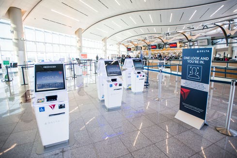 This photo provided by Delta Air Lines shows a new biometric scanning technology at Terminal F of Hartsfield-Jackson Atlanta International Airport.