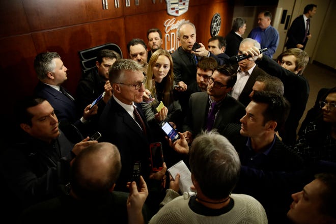 Flyers president Paul Holmgren, center, is tasked with finding a new general manager and a new direction for his team after firing Ron Hextall Monday morning.