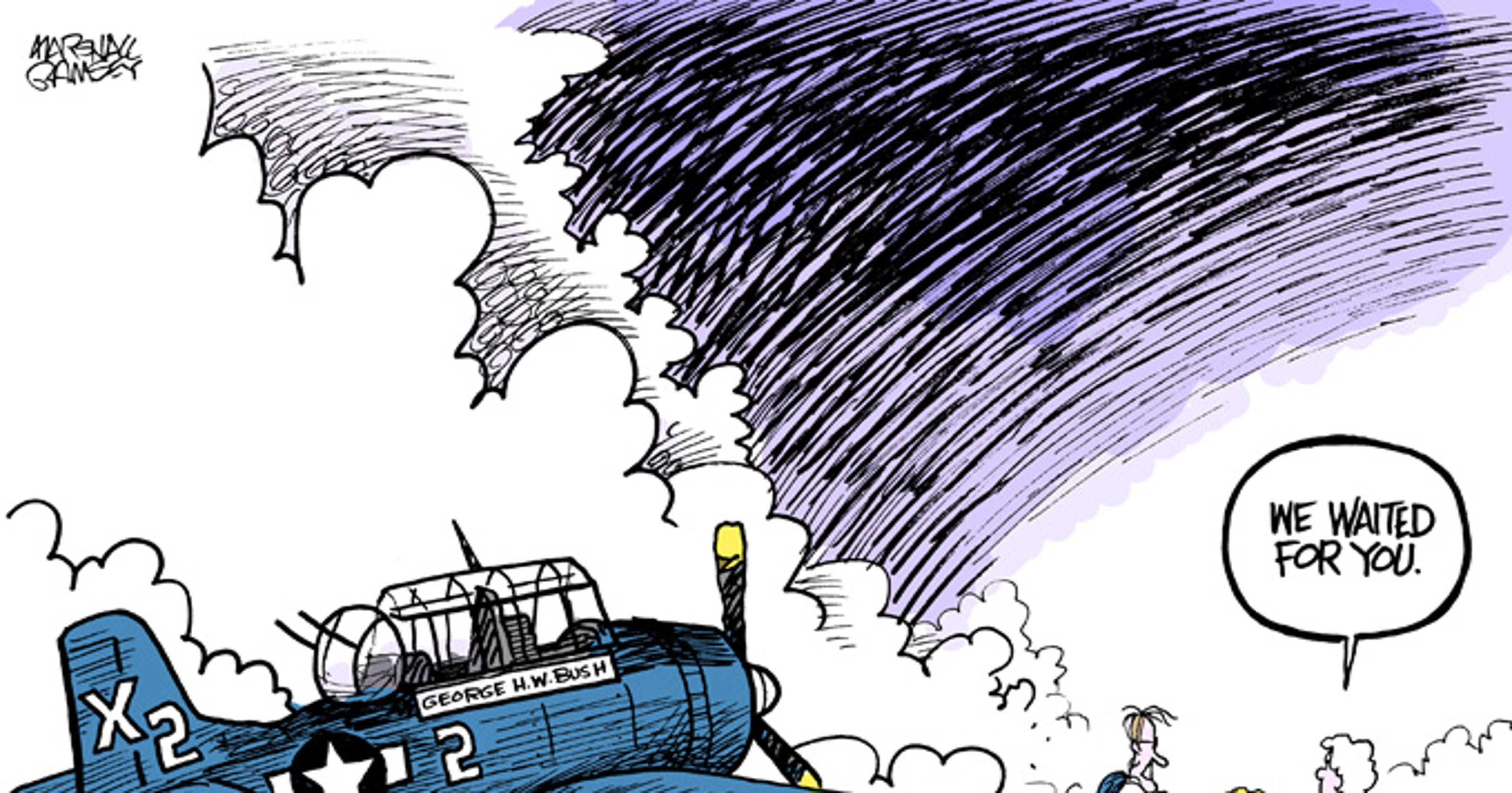 George H.W. Bush cartoon: Barbara and daughter Robin waiting in clouds
