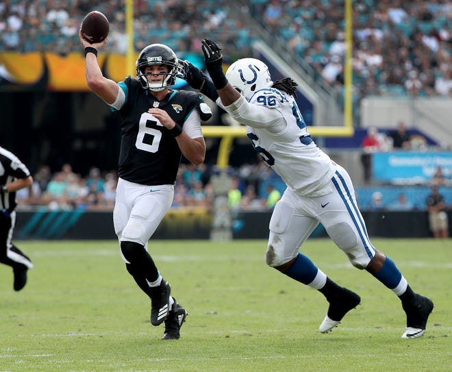 Jacksonville Jaguars quarterback Cody Kessler (6) gets the ball away before getting hit by Indianapolis Colts defensive tackle Denico Autry (96) in the second quarter of their game at TIAA Bank Field on Thursday, Dec. 2, 2018. 