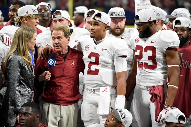 Alabama Crimson Tide head coach Nick Saban is interviewed after defeating the Georgia Bulldogs in the SEC championship game at Mercedes-Benz Stadium.