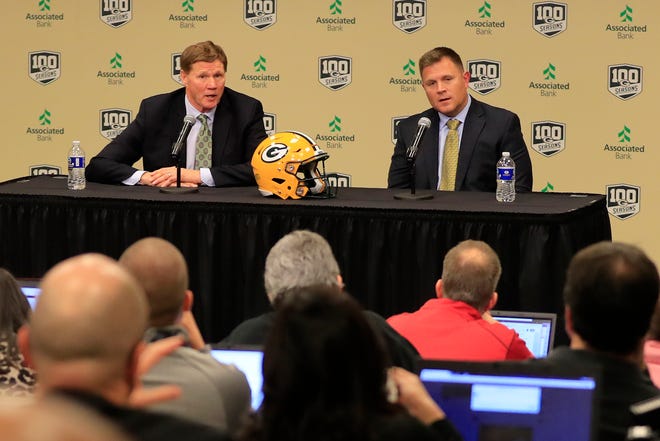 Packers President and chief executive officer Mark Murphy (left) and general manager Brian Gutekunst take questions at a news conference Monday at Lambeau Field.