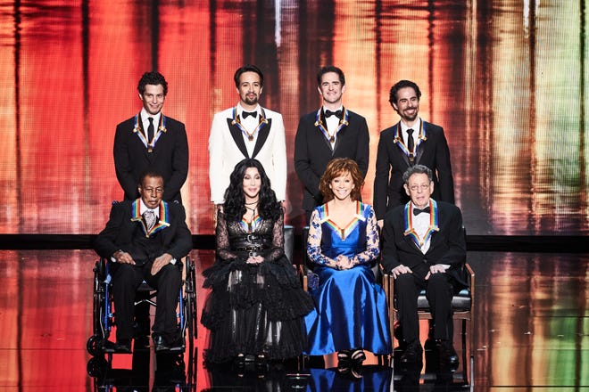 Kennedy Center Honorees for 2018: (Back row, left to right) Thomas Kail, Lin-Manuel Miranda, Andy Blankenbuehler and Alex Lacamoire, (front row, left to right) Wayne Shorter, Cher, Reba McEntire and Philip Glass.
