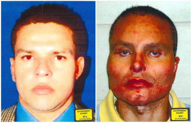 This combination of undated photos provided by the U.S. Attorney's Office for the Southern District of New York shows former Colombian drug lord Juan Carlos Ramirez Abadia. The latest star witness for the government in the trial against Joaquin "El Chapo" Guzman has been more notable for his appearance than his testimony. He told the jury that he had at least three surgeries to change his appearance. The photo at left shows him before his surgeries and the photo at right is post-surgery.