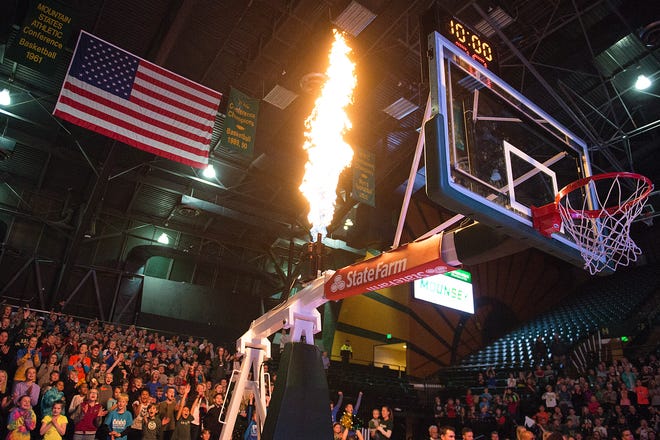 Flames shoot from above the hoops at Moby Arena before a CSU women's basketball game Dec. 5 against Northern Arizona. The Rams will play a home game at 7 p.m. Wednesday against Nevada.