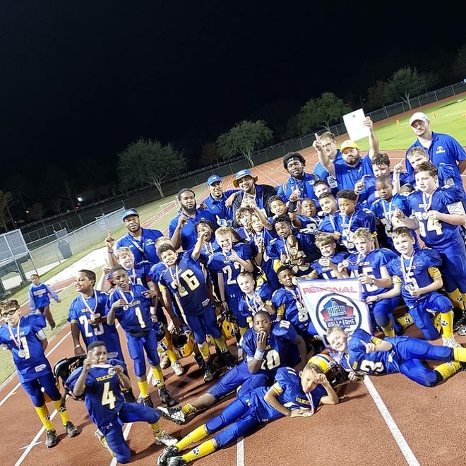 The NEP 11-under division team, shown celebrating their regional win, will play for the World Youth Football Championship on Sunday at 8 p.m. against a team from Louisville, Ky. in the Tom Benson Hall of Fame Stadium in Canton, Ohio.
