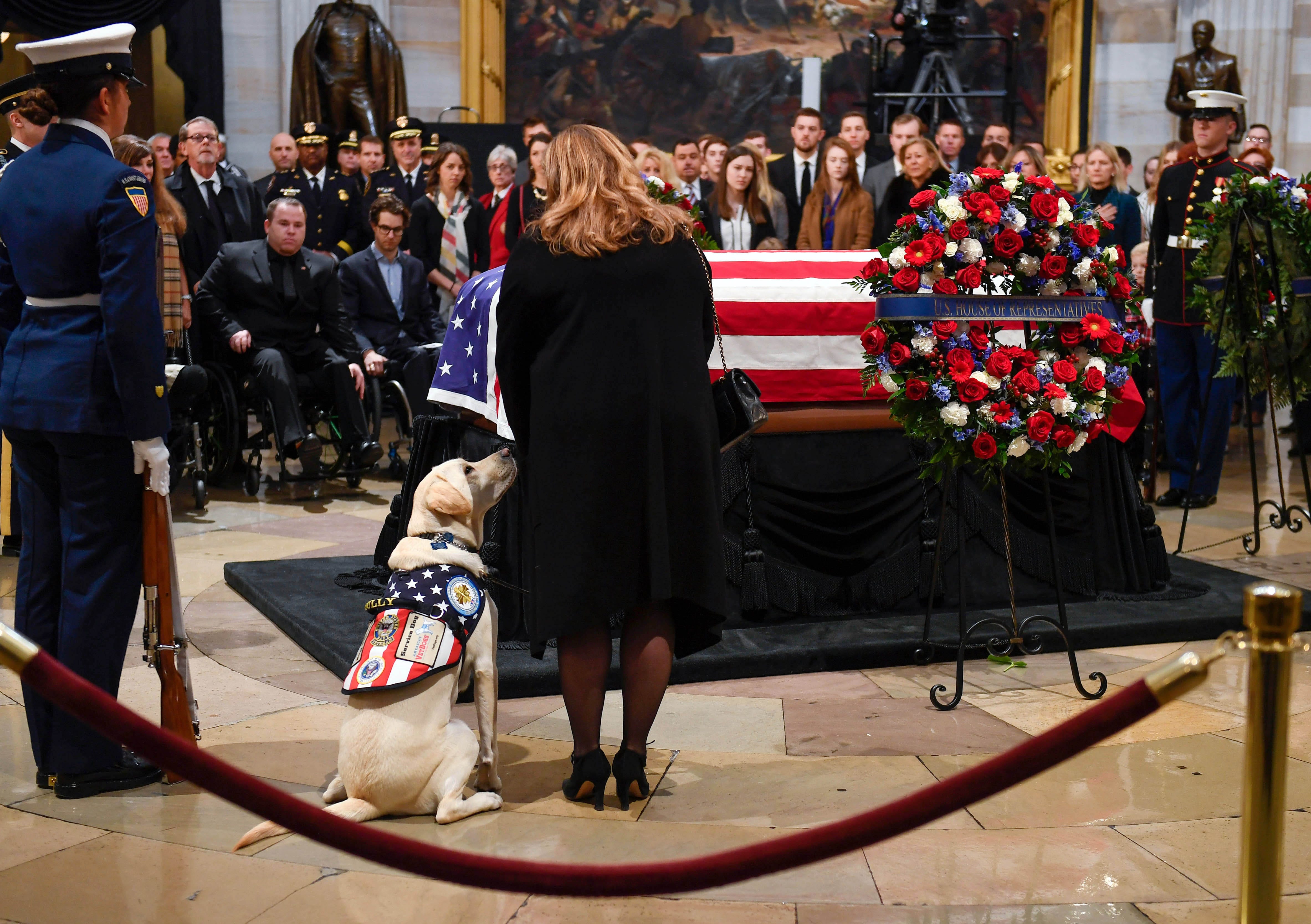 President George H.W. Bush's service dog, Sully, with Valerie Cramer of America's VetDogs at the U.S. Capitol to honor late president on Dec. 4, 2018. Sully, a service dog trained by America's VetDogs, will join Walter Reed National Military Medical Center's Facility Dog Program after the holidays. Bush regarded Sully as a "beautiful" and obedient companion since he joined his family in June.  Sully followed Bush's casket to Joint Base Andrews in Maryland. After he says his goodbyes.