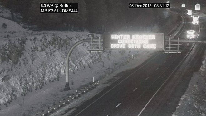Light snow was reported falling along Interstate 40 near the Flagstaff area, according to the Arizona Department of Transportation.