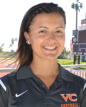 Mikala Cvijanovich, 21, is the strength and mobility coach for the Ventura College football team, which will play for the California state championship this weekend in Sacramento.