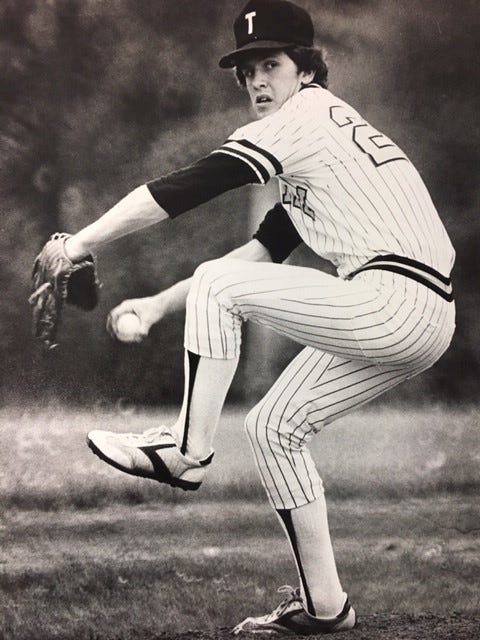 Jim Perialas pitching for Tatnall as a senior in 1983.