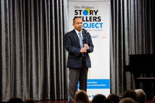 James Suong speaks at the Des Moines Storytellers' "War Stories: Battles on the frontline and back home" at the Tea Room Thursday, Dec. 6, 2018.