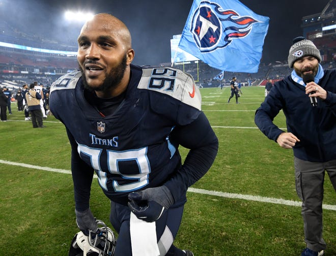 Titans defensive tackle Jurrell Casey (99) celebrates the team's 30-9 win as he leaves the field after the game at Nissan Stadium Thursday, Dec. 6, 2018, in Nashville, Tenn.