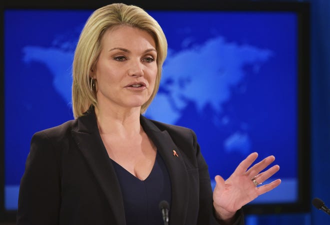 State Department spokeswoman Heather Nauert speaks during a briefing at the State Department in Washington.