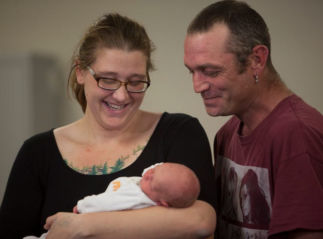 Nicole Bishop and Michael Brown discuss the birth of their daughter, Bella Kaye, who was delivered on the side of the road by a Washington County sheriff deputy. The family and deputy had a reunion Saturday, Dec. 8, 2018.