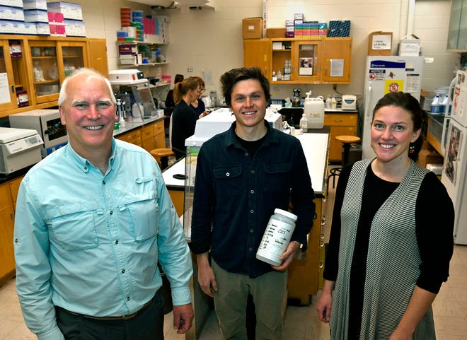 In this photo taken Nov. 29, 2018, from left, Kevin McKelvey, Thomas Franklin and Jessie Golding stand in the National Genomics Center for Wildlife and Fish Conservation in Missoula, Montana. A paw print in the snow contains enough genetic clues to identify the animal that made it, even if the track has been buried for five months. That discovery may revolutionize and simplify wildlife monitoring in remote places.  (Tom Bauer/The Missoulian via AP)