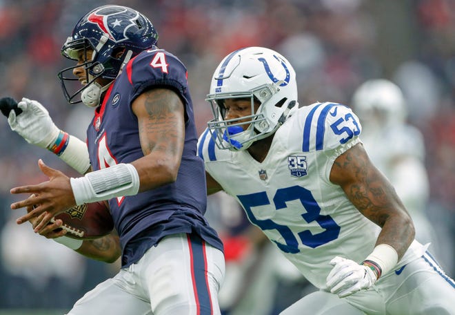 Indianapolis Colts outside linebacker Darius Leonard (53) brings the pressure against Houston Texans quarterback Deshaun Watson (4) at NRG Stadium in Houston on Sunday, Dec. 9, 2018. 
