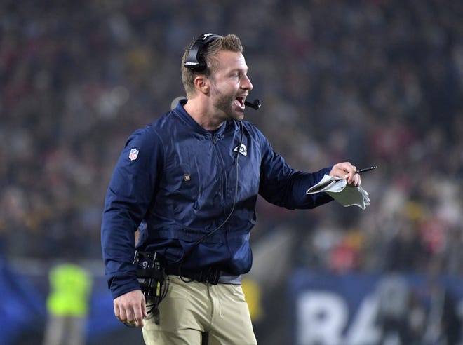 Nov 19, 2018: Los Angeles Rams head coach Sean McVay celebrates in the fourth quarter after a touchdown against the Kansas City Chiefs at the Los Angeles Memorial Coliseum. The Rams defeated the Chiefs 54-51 in the highest scoring Monday Night Football game ever.