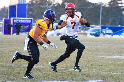 Ferris State quarterback Jayru Campbell rushed 19 times for 103 yards in the Bulldogs' Division II semifinal victory over Minnesota State Mankato on Dec. 8, 2008.