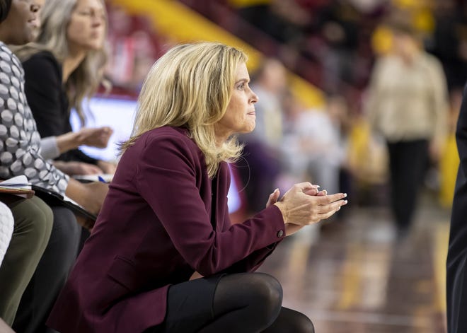 Head coach Charli Turner Thorne of the Arizona State Sun Devils looks on during the game against Tulsa Golden Hurricane at Wells Fargo Arena on Sunday, December 2, 2018 in Tempe, Arizona.